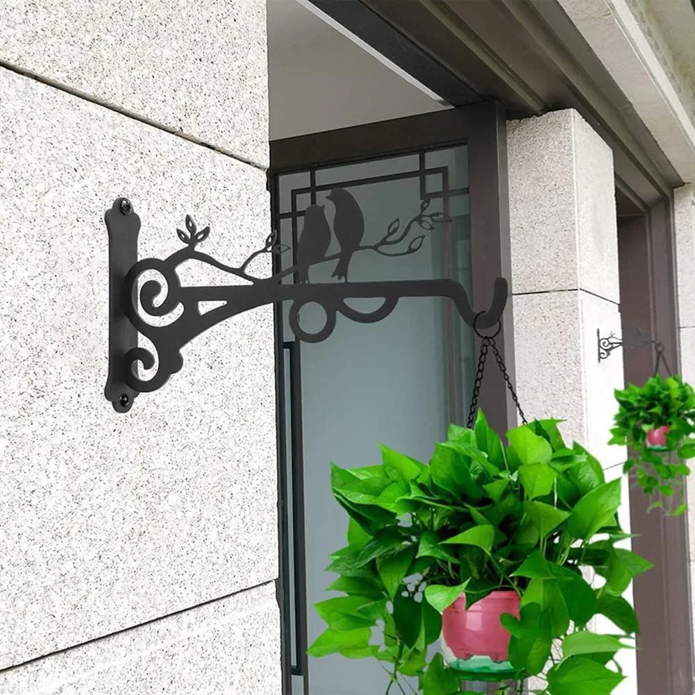 Bird Pattern Flower Basket Holder Wall Mounted Metal Bracket Hanger Rustic Style Wide Base for Outdoor Indoor Garden Yard Street