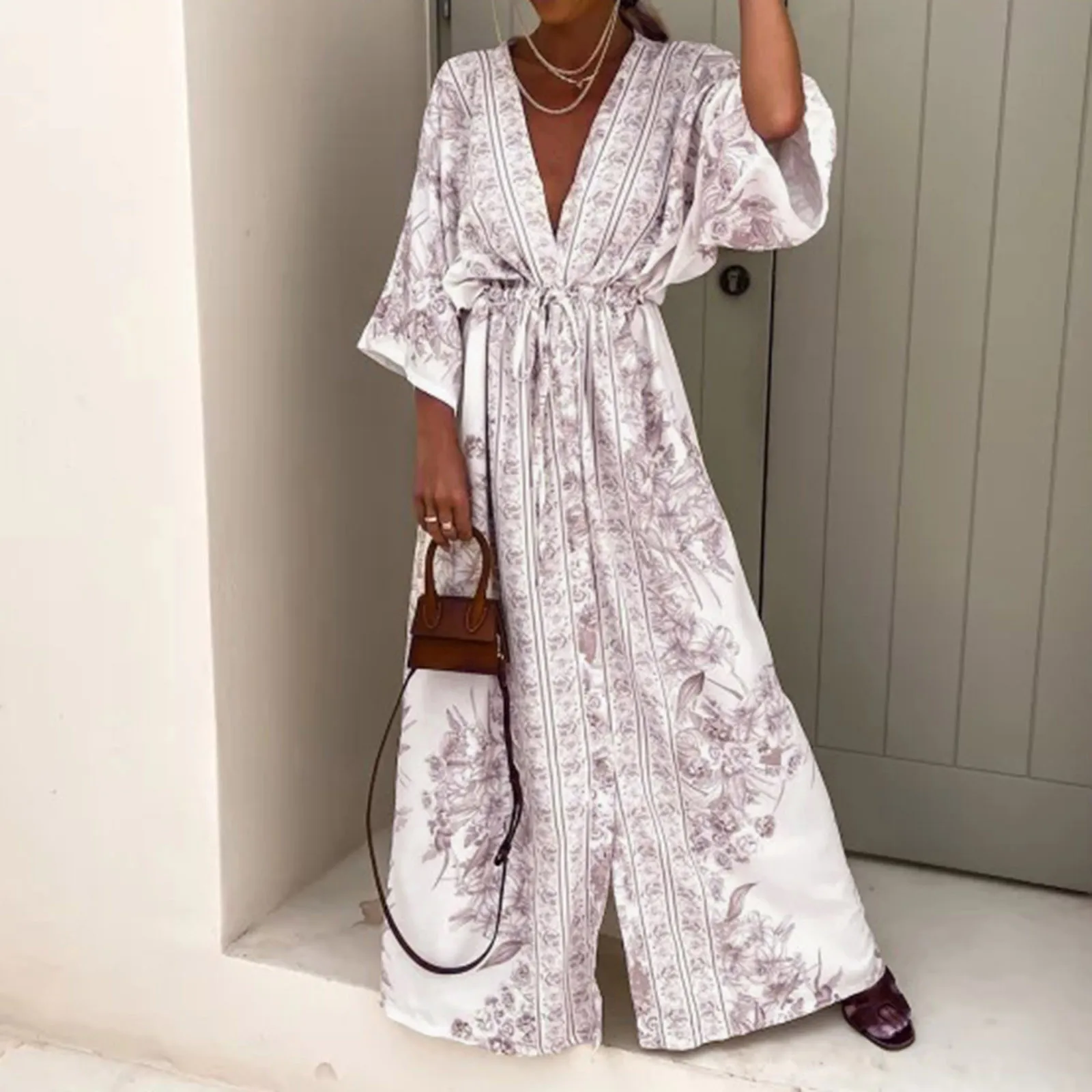 2024 Boho Print Half Sleeve Dress Women Fashion Japanese Kimono Cardigan Vintage Lace Up Beach Loose Robe Oversize Femme Vestido