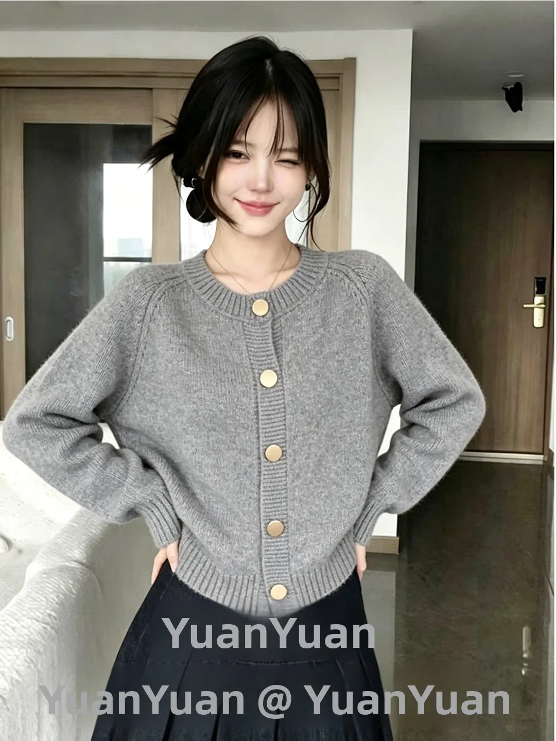 Ladies Red Knitted Open Cardigan Slimming Warm Spring Autumn round Neck Single Button Sweater Trendy Casual Style Polyester F...