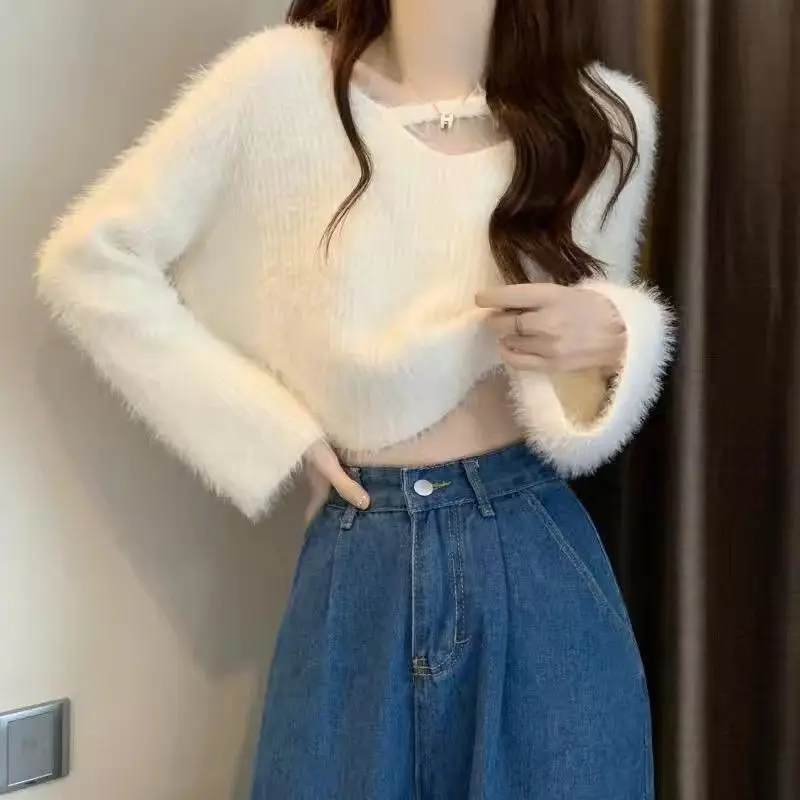 Soft Imitation Mink Fur Sweater Women\'s Knitted Sweater for Autumn Winter 2024 New Design Sense Loose and Short Style Pullovers