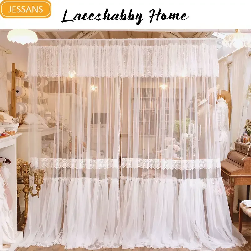 

Vintage Lace Embroidered White Screen Curtains for Living Room Bedroom French Balcony Bay Window Partition Villa Customization