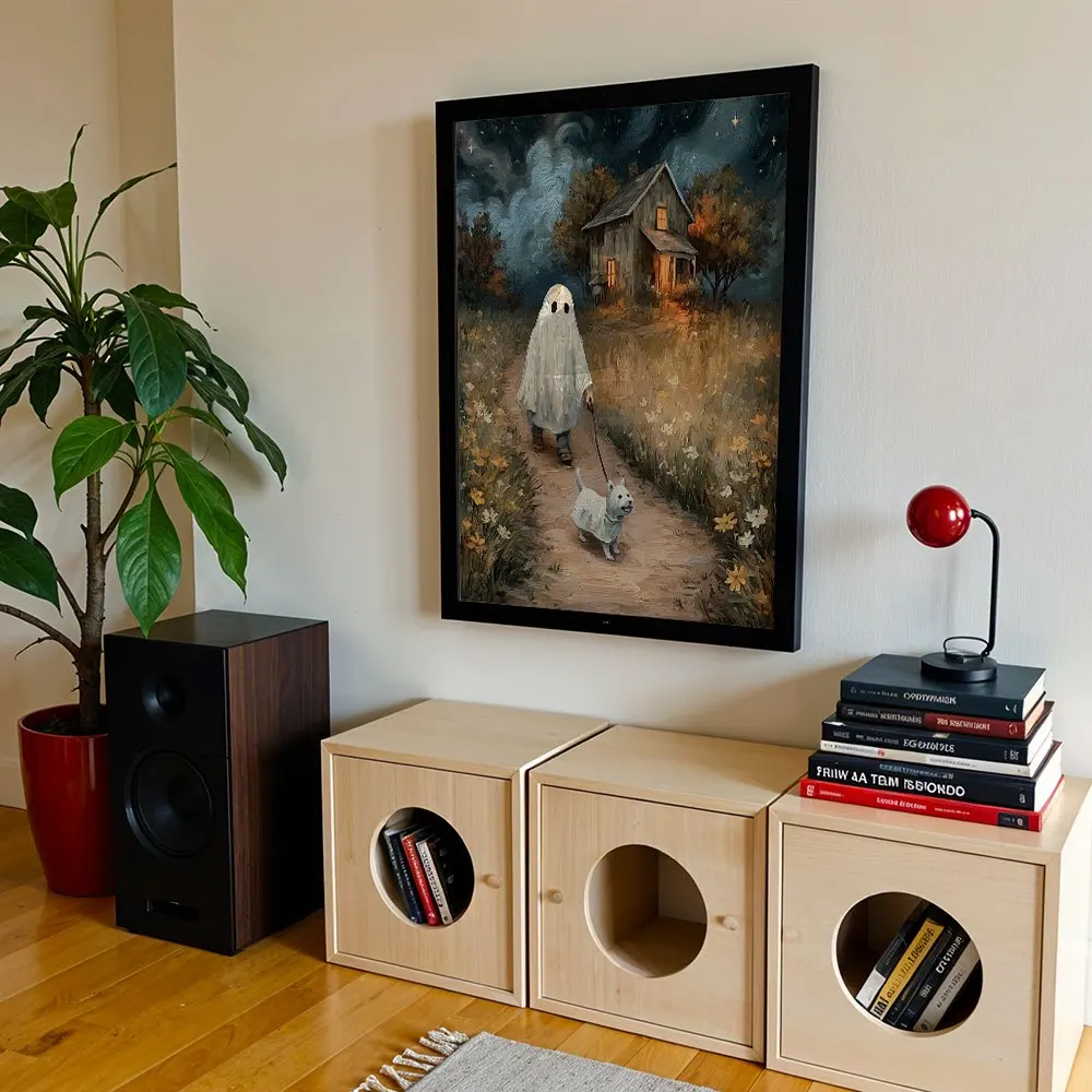 Halloween Ghost Walking Puppy Canvas Poster Wall Art, 2D Printed Artwork, Suitable For Living Room And Bedroom Home Decor, Vinta