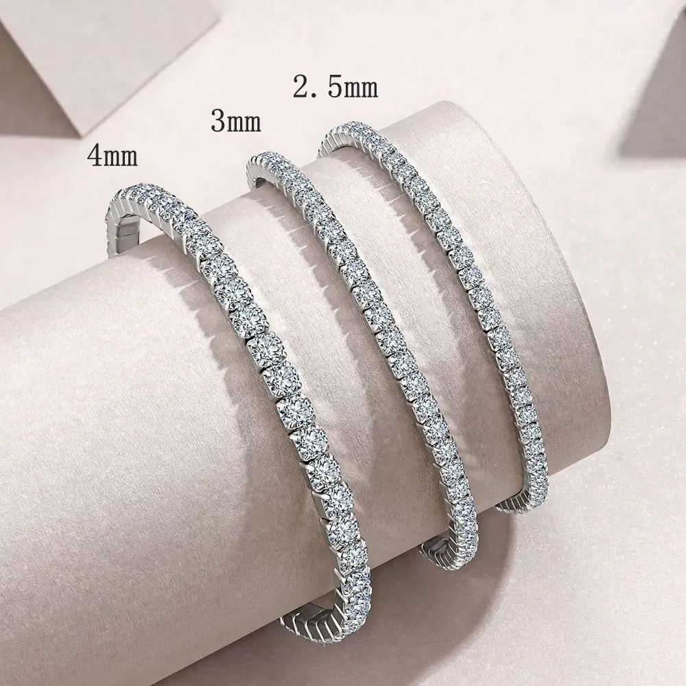 Kanolan 3.84-12ct D VVS1 Moissanite Tennis Bracelet 2.5/3/4mm 925 Sterling Silver Elastic Dainty Tennis Bracelets for Women Men