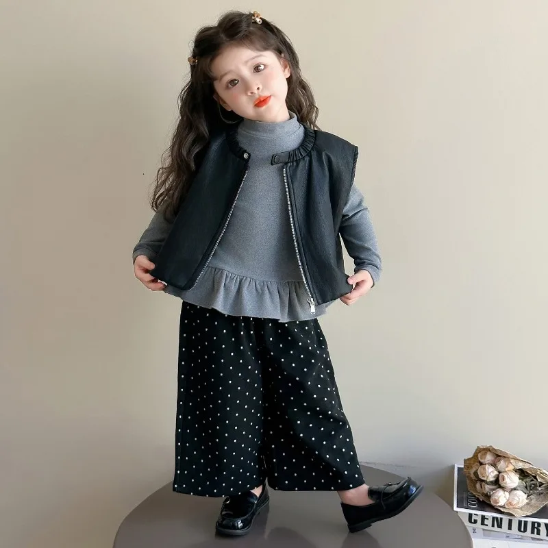 Spring and Autumn 2025 New Children's Korean Version Fashionable Little Kids Set Girls Leather Vest Three Piece Set