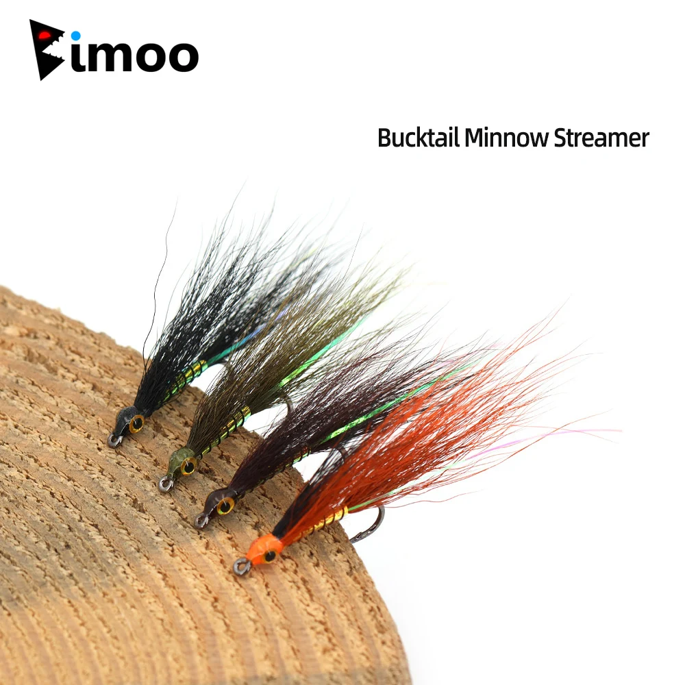 4 Stück # 6 klassische Bucktail-Fliegen mit 3D-Fischaugen, Minnow-Streamer-Fliegen, Widerhaken, Köderfisch-Fliegen, Angelköder für Barsch- und Hechtangeln