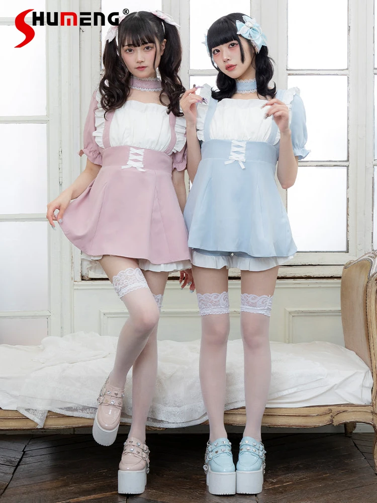 Japanese Style Sweet Lolita Ruffles Lace-up Bow Square Collar Backless Short Sleeves Dress High Waist Shorts Two-Piece Set Women