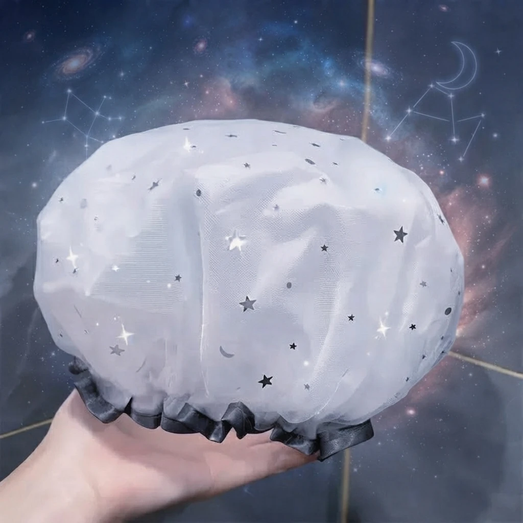 Wasserdichte Doppelschicht-Duschhaube mit Sternenhimmel-Druck, wiederverwendbare Badekappe, ölbeständige Hygiene-Kopfbedeckung, geeignet für langes Haar