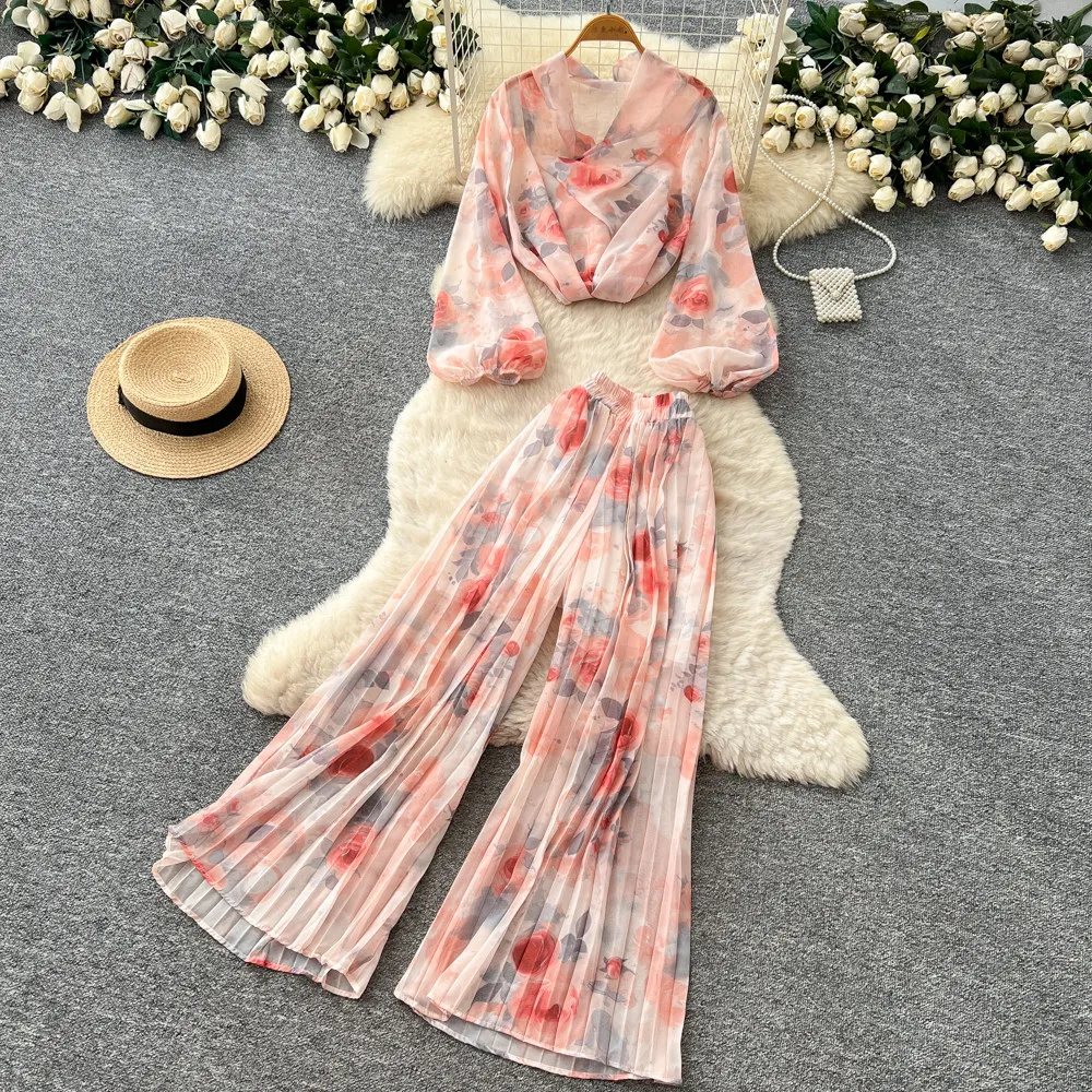 ALPHALMODA Romantic Style, Swing Collar, Rose Print, Translucent Blouse, High Waist, Pleated Wide Leg Pants, Women 2pcs Suit