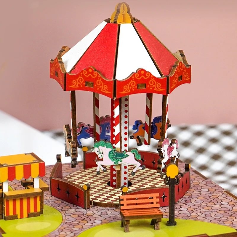 DIY 3D de madera, caja de música Merry-go-ground, Kits de modelos en miniatura, rompecabezas que puede mover para niños, regalos de cumpleaños, decoración del hogar