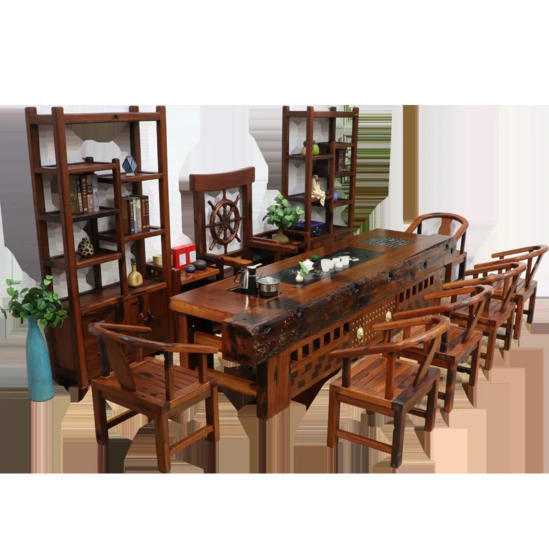 

Old boat wood, tea table and chairs, combination, Chinese style, solid wood, villa, living room, office