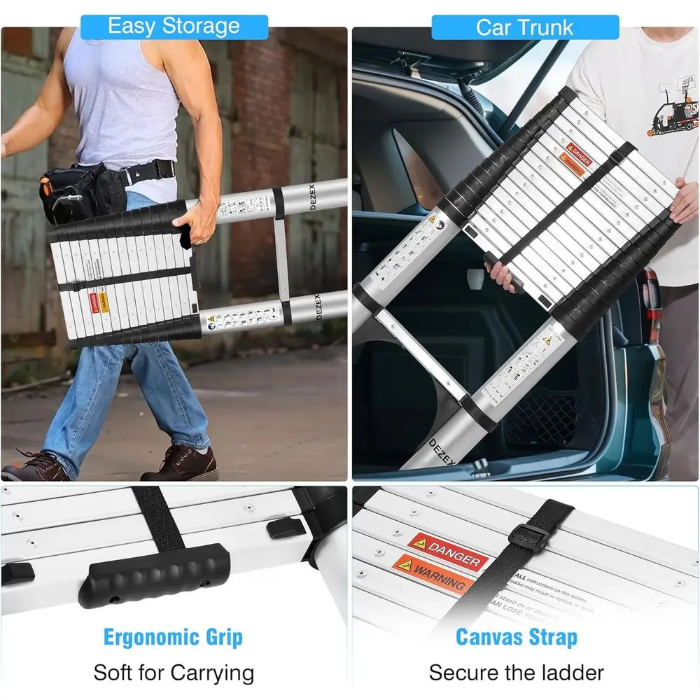Collapsible 15.5FT Aluminum Ladder with One-Touch Retraction, 330lbs Capacity, for Home, RV, and Attic Use