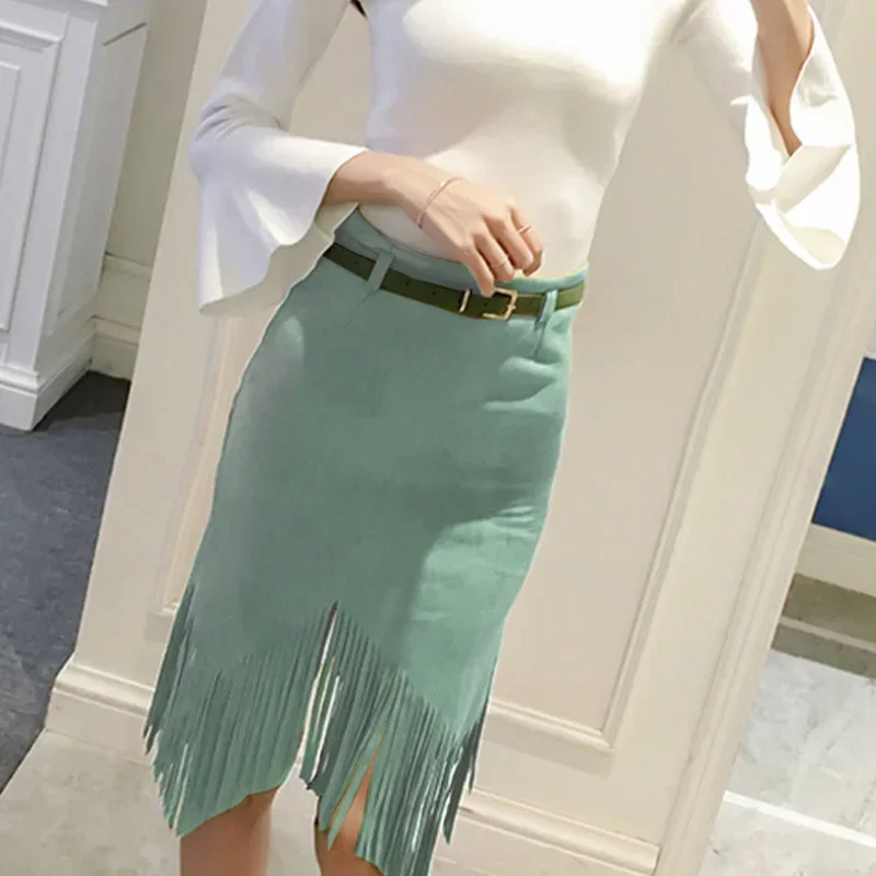 Women\'s Irregular Tassel Skirt High Waist Bodycon Pencil Midi Skirt Office Slim Sexy Suede Skirts For Women Spring Summer C487