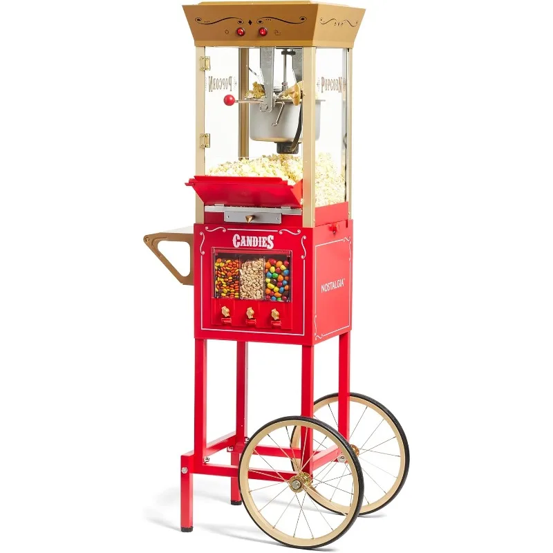 Vintage 8 Ounce Professional Popcorn Cart Makes Up to 32 Cups, Three Storage Candy & Kernel Dispenser Also for Nuts, Chocolate