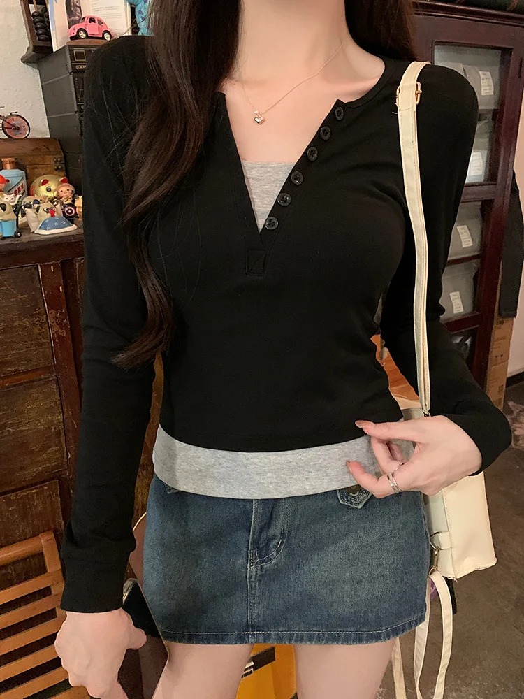 تي شيرت نسائي بأكمام طويلة من القطن بوهو بقصة ضيقة باللون الأزرق مرقع مريح من القماش المطاطي للخريف ملابس يومية للمكتب