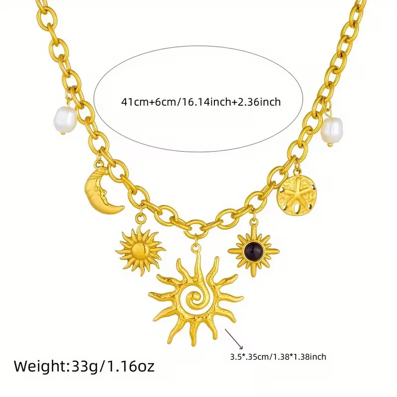 Modische, leichte Luxus-Halskette mit Sonne und Mond-Perlenanhänger aus 18k vergoldetem Edelstahl für den täglichen Gebrauch von Frauen – Detail 1