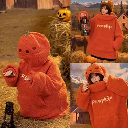 2024 Felpe con cappuccio zucca autunnale Festa di Halloween Testa di zucca Agnello in pile Felpa con cappuccio da donna Ricamo Addensare Streetwear