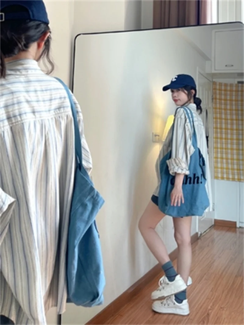 

Long-sleeved Shirt Female 2023 All-match Design Sense Niche Blue Striped French Top Summer Sunscreen Shirt Female Coat Commuting