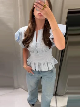 Casual Ruffle Hem Blouse Ruff Short Sleeve Single Breasted O-neck Waisted Women Shirt Chic All-match 2026 Spring Summer Lady Top 2
