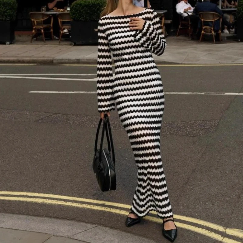 

2025 Autumn Slimming New Long Skirt Women's Casual Contrast Striped Long Sleeve Dress