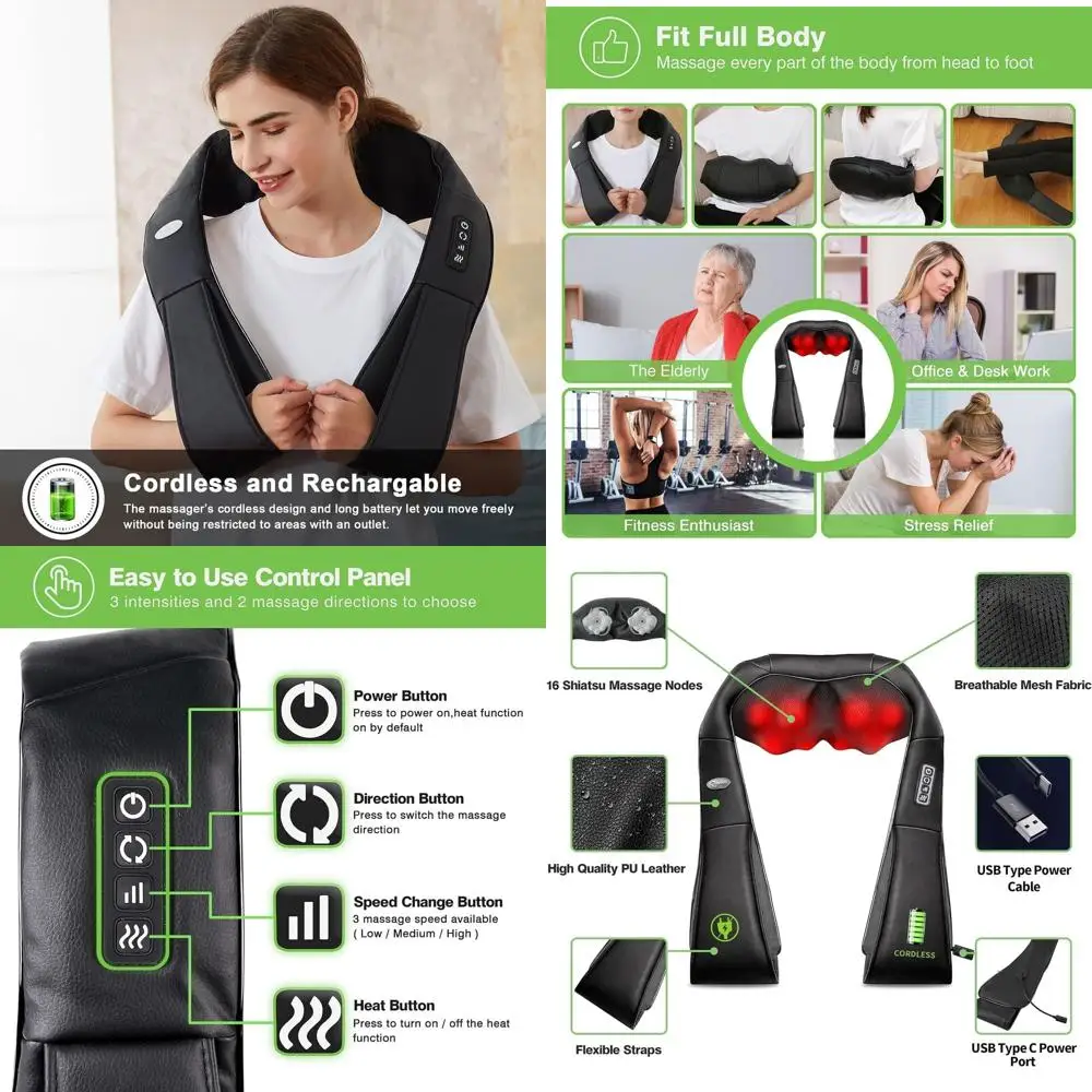 

Heat-Therapy Shiatsu Neck & Shoulder Massager, Portable 3D Deep Tissue Massager for Pain Relief, Ideal Gift for Men & Women