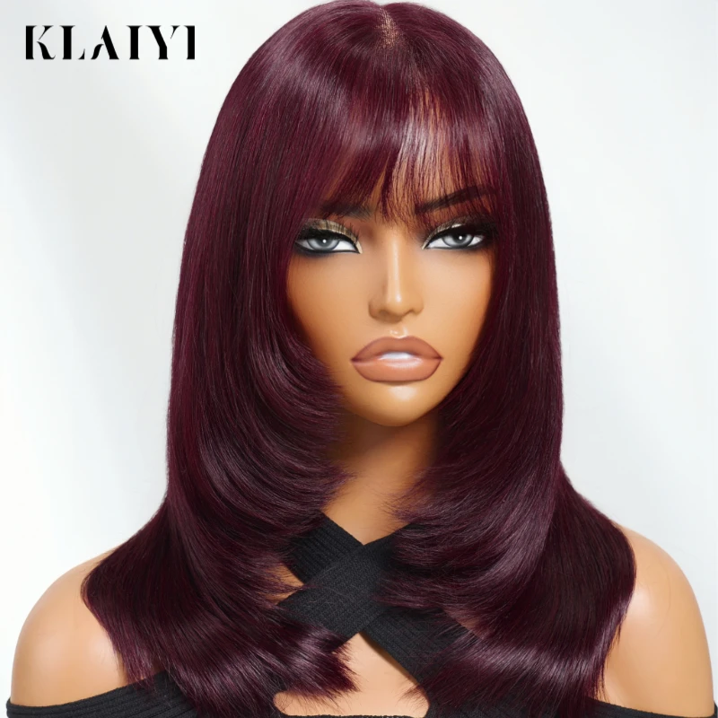 Klaiyi 7x5 باروكة من شعر طبيعي دانتيل أسود الكرز الطبقات الذئب قص مع الانفجارات Wispy الرباط الداعا الداعا عقدة شعر مستعار