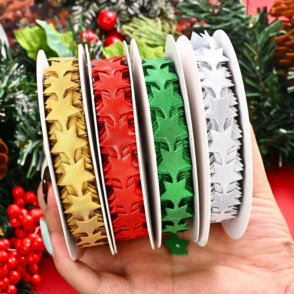  iYOE 10yard/roll 1.5cm Christmas Star Embossed Ribbon Satin Fabric Crafts for New Year Xmas Tree Gift Wrap Party Decoration