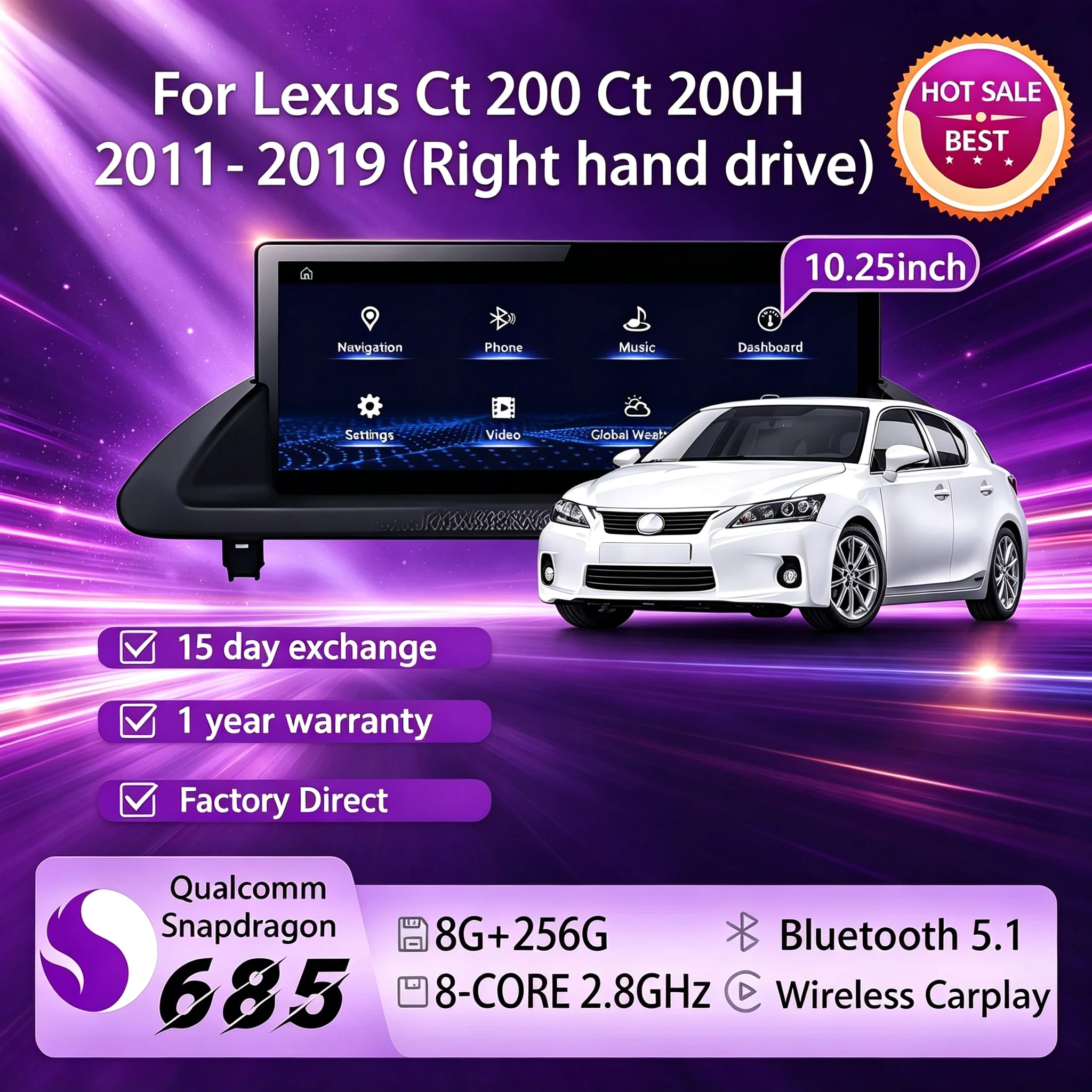 For Lexus CT 200 CT 200H 2011-2019 10.25 Inch Right Hand Drive Carplay Car Radio Android 14 Snapdragon 685 Split Screen GPS