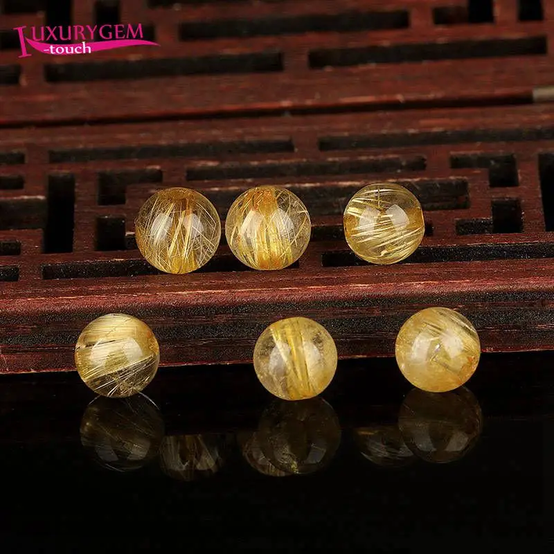 High Quality 6-12mm Natural Goldcolor Rutilated Quartz Stone Smooth Round Shape DIY Loose Beads Jewelry Accessories 1Pcs sk415