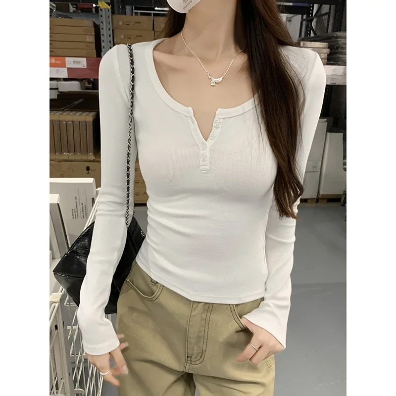Puro desejo magro apertado sexy mulheres topos outono inverno manga longa sólido inferior tshirts feminino botão em torno do pescoço fino ajuste t