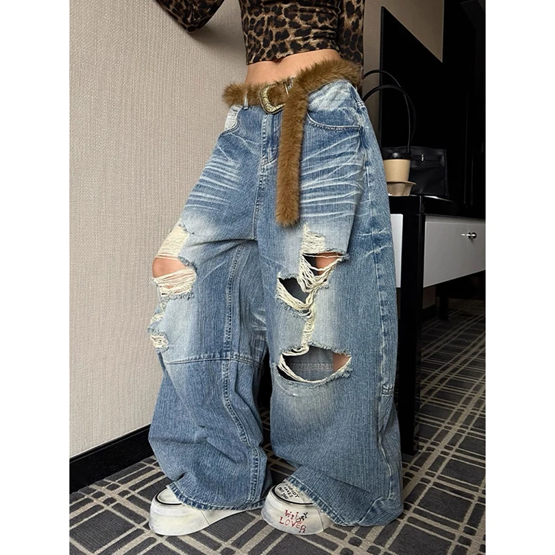 

Женские синие широкие джинсы ZHIZOU в стиле Y2K с рваными элементами, хип-хоп, гранж, винтажные джинсы 2000-х годов, джинсовые брюки в стиле Харадзюку, летняя одежда