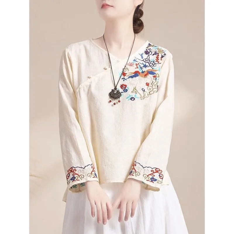 2023 Pregnant Women Summer Cotton Linen Embroidery Long Sleeve Shirt Loose Casual Chinese Style Cotton Top Maternity Top LF078