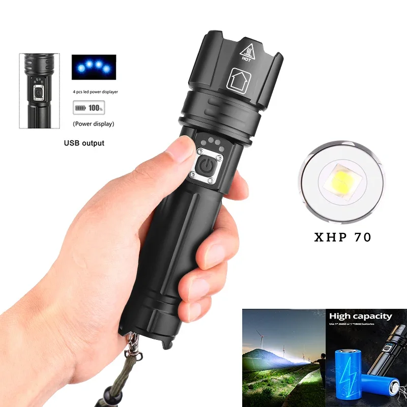 Mini XHP50 XHP70 30W Led Flashlight High Power Torch 18650 26650 USB Rechargeable Light Powerful Outdoor Lights Telescopic Zoom