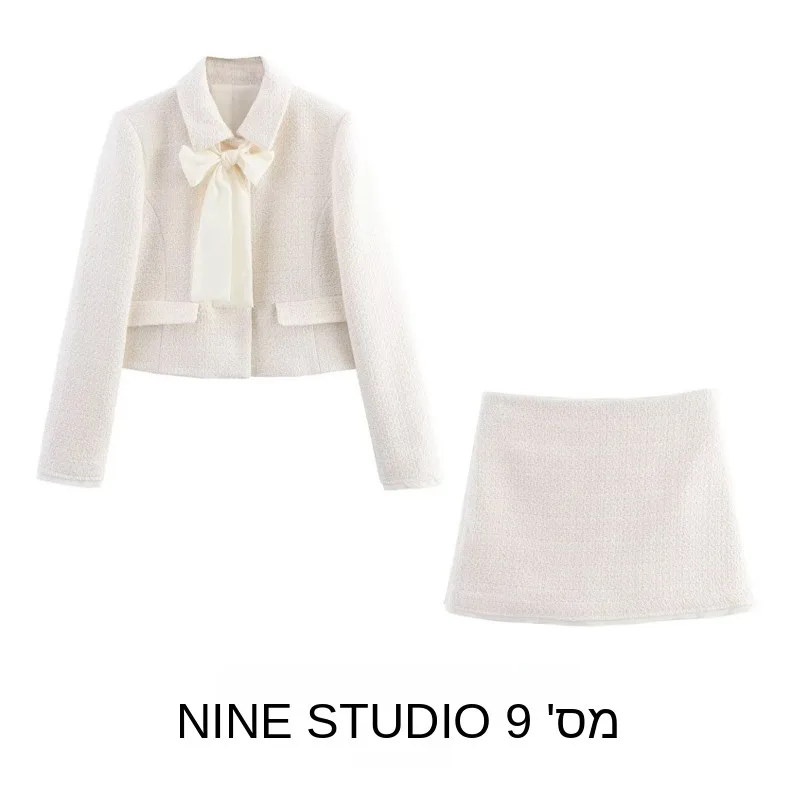 NINE ZAR Women's  Knot Texture Suit Jacket Skirt Two-Piece Set Short Length Long Sleeve Four Seasons Fashion Ensemble