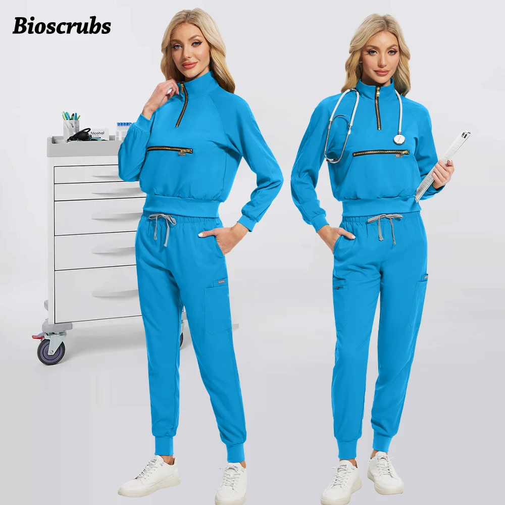 Multicolour Long Sleeve Jogger Set Clinical Scrubs Suit Medical Surgical Clothes Dentist Nurse Uniform Pocket Zip-neck Top Pants