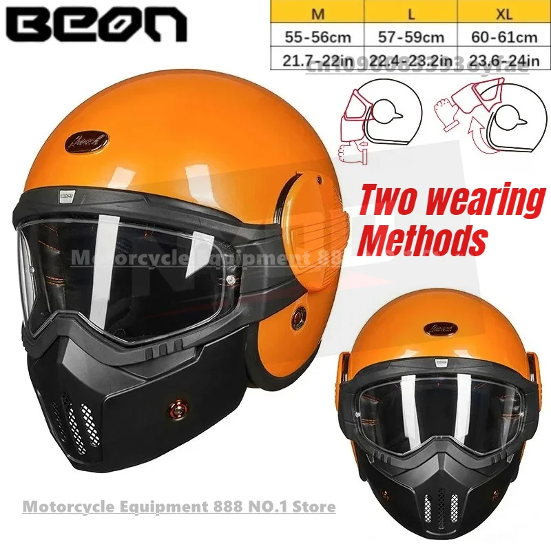 

BEON Motorcycle Helmet Scooter Vintage Flip Up Riding Helmet Open Full Face Helmet DOT Approved