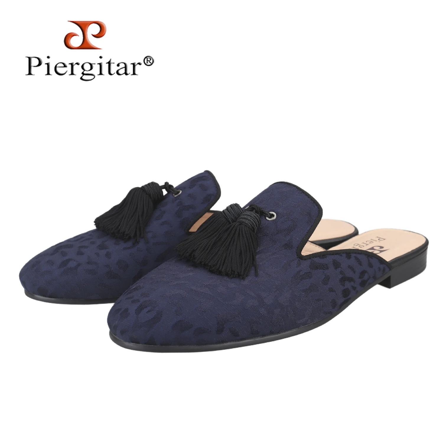 Piergitar Retro Lazy Style Leopard Print Navy Jacquard Silk Men Mules Shoes Modern Design Handmade Tassels Fashionable Slippers