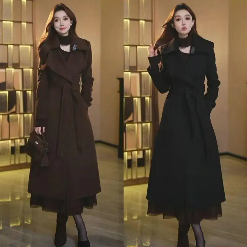 

Autumn Winter New Sle Women's Long Over-Knee Slimming Woolen Coat with Waist-Cinching Belt Briti Sle Faion Outerwear