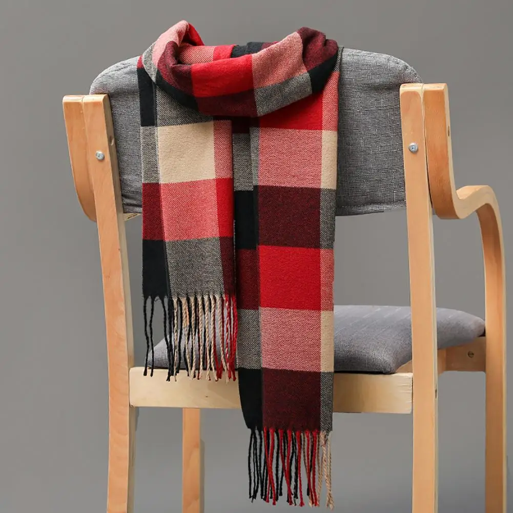 Men Women Hiking Scarves British Style Faux Cashmere Winter Scarf Classic Plaid Fringed Tassels Long Scarf For Autumn Winter