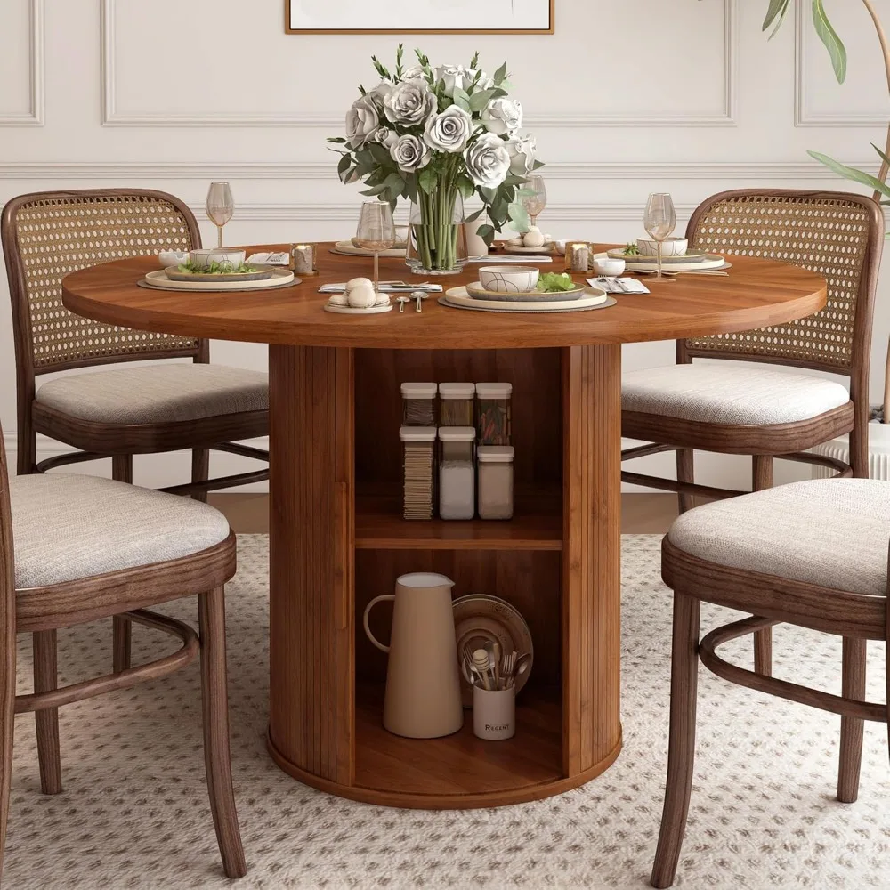 

47 inch Round Dining Table for 4, Kitchen Table Dinner Table with 2-Layer Storage Shelf and Wood Slide Door for Home Dining