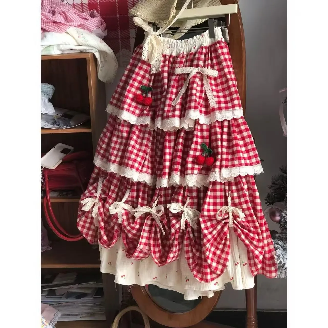 Japanese Sweet Lolita Midi Skirt Spring Women Elegant Y2k Lace Ruffles Bow Plaid Cake Skirt Korean Female Vintage Party Skirts