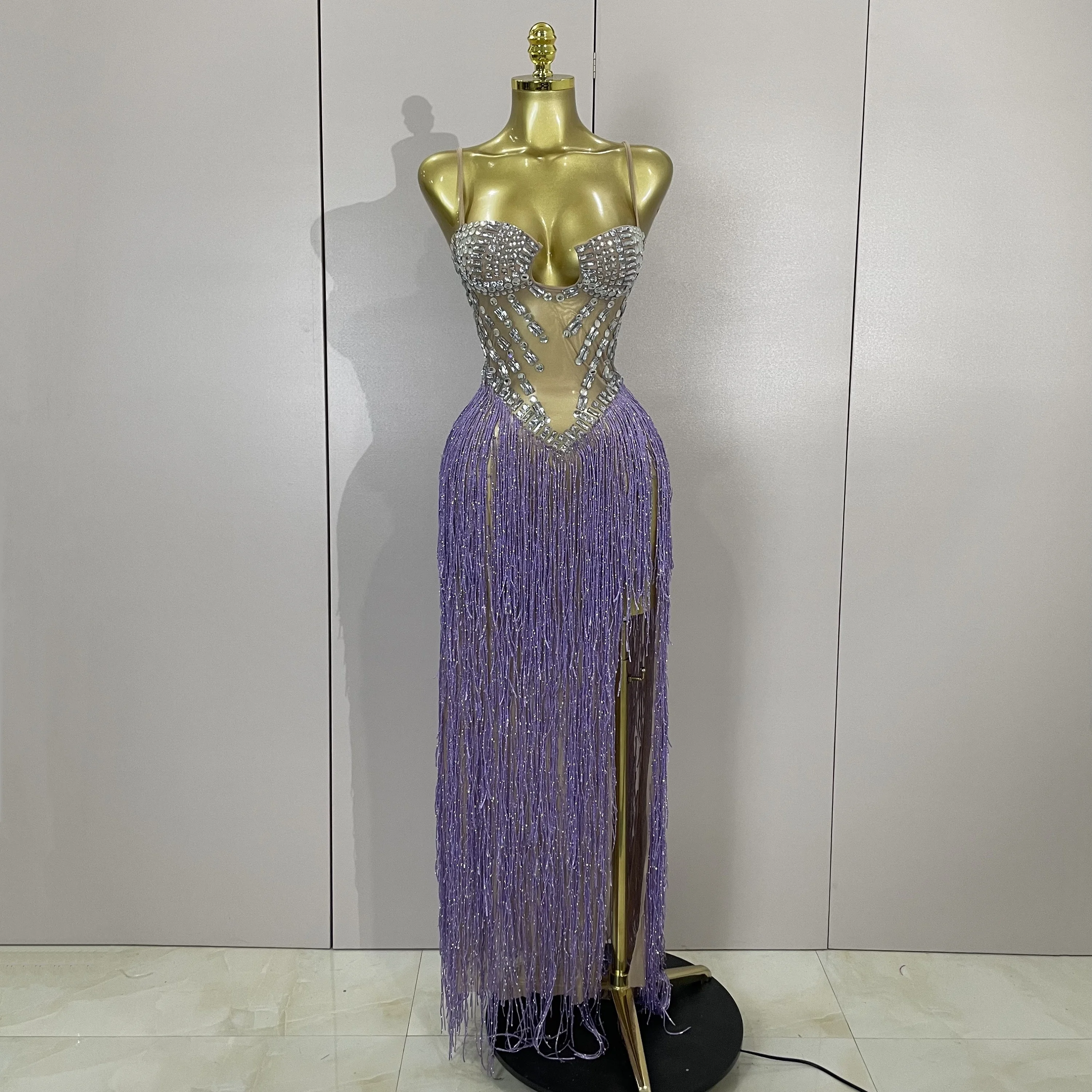 Robe longue transparente en maille pour femmes, Sexy, luxe, strass, paillettes, pompon, soirée, bal, discothèque, Costume de scène