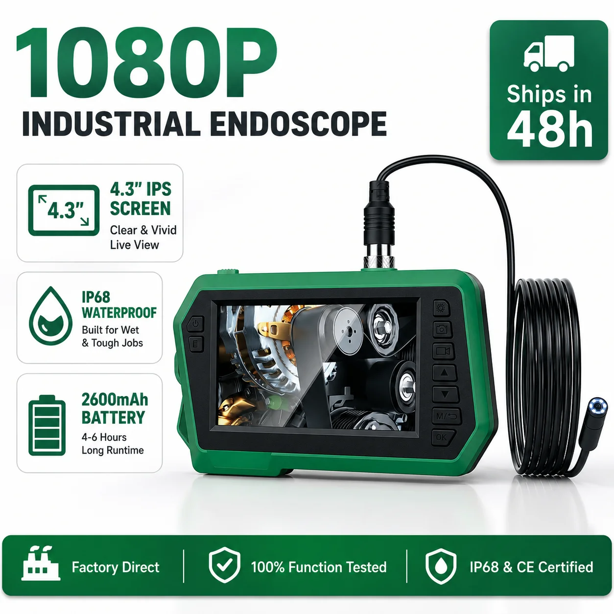 4.3'' IPS Screen Industrial Endoscope Camera HD1080P 2 Meter Pipe Sewer Inspection Borescope IP68 Waterproof LED 2600mAh