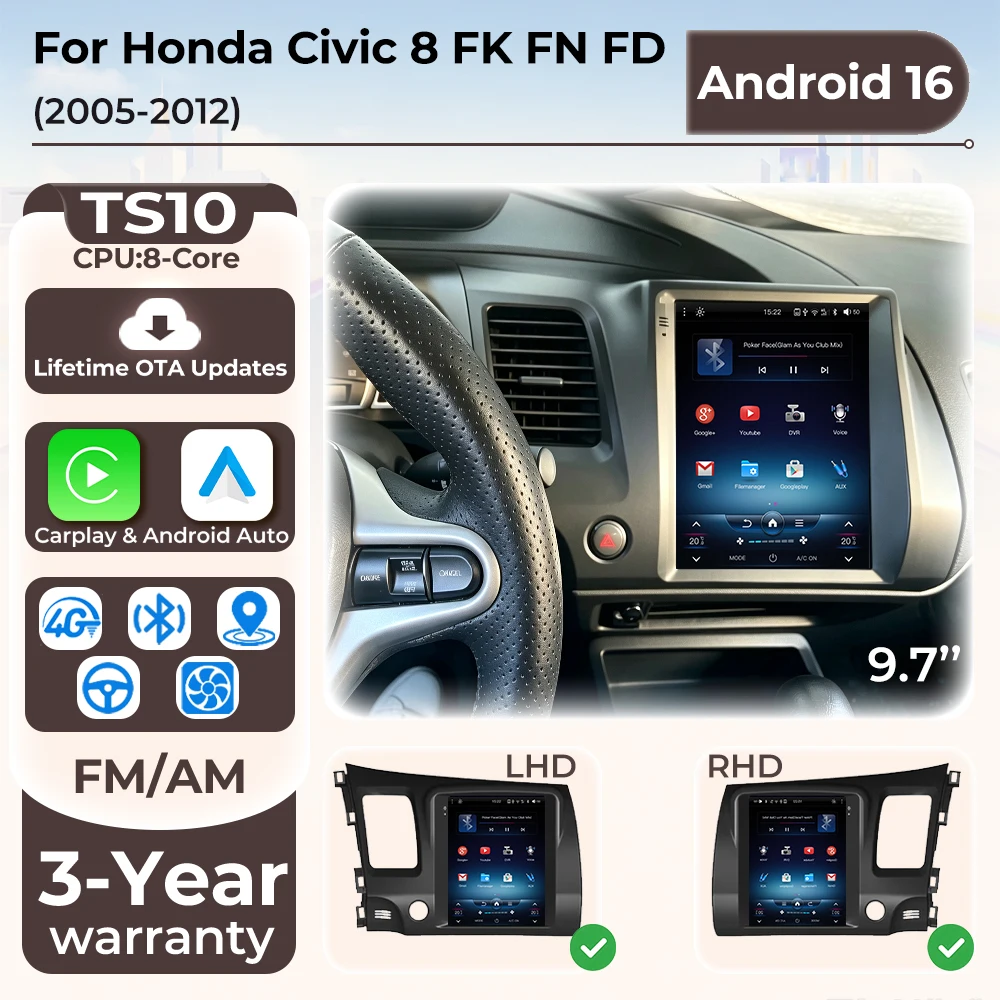 Android 16 Carplay For Honda Civic 8 2005 2006 2007 - 2012 Car Radio 5G Wifi BT Multimedia Player GPS Navigation DSP Car Stereo