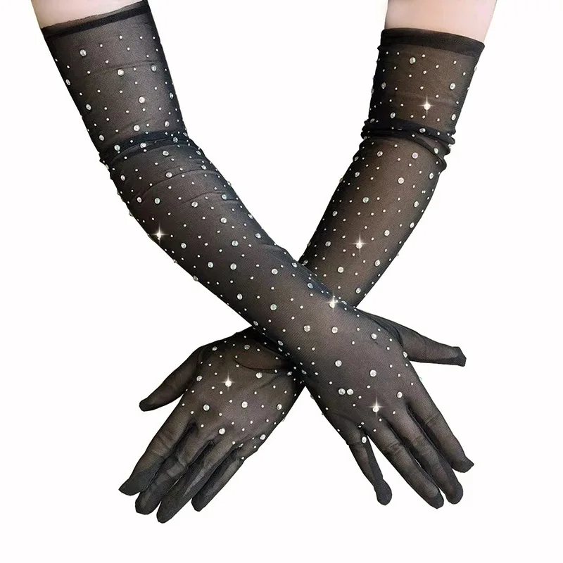 

Women Elastic Lace Mesh Bounce Sparkling Hot Diamond Half Finger Glove Sexy 55cm Long ​Nightclub Dance Performance Mitten