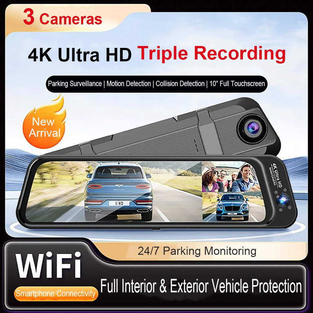 Image of 4K 3CH Dashcam Fisheye Weitwinkel Streaming 24H Parkmodus APP-Steuerung Nachtsicht Bewegungsmelder G-Sensor Schleifenaufnahme Auto-DVR