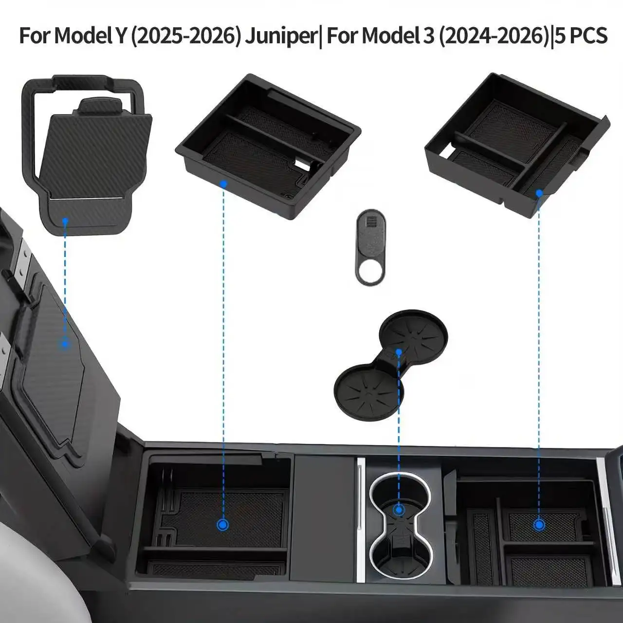 All-in-One Center Console & Trunk Storage Set for 2025-2026 Tesla Model YJuniper, Custom-Molded OEM Fit, Wipes Clean in Seconds,