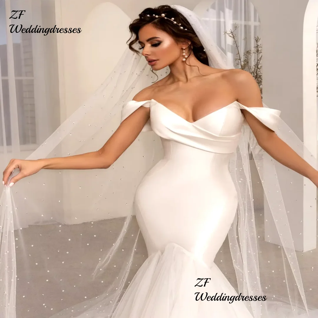 Customized Wedding Dresses Satin Fashion A-Line Sweetheart Beautiful Mermaid Off Shoulder Mopping Bride Gowns Sexy Backless Slee