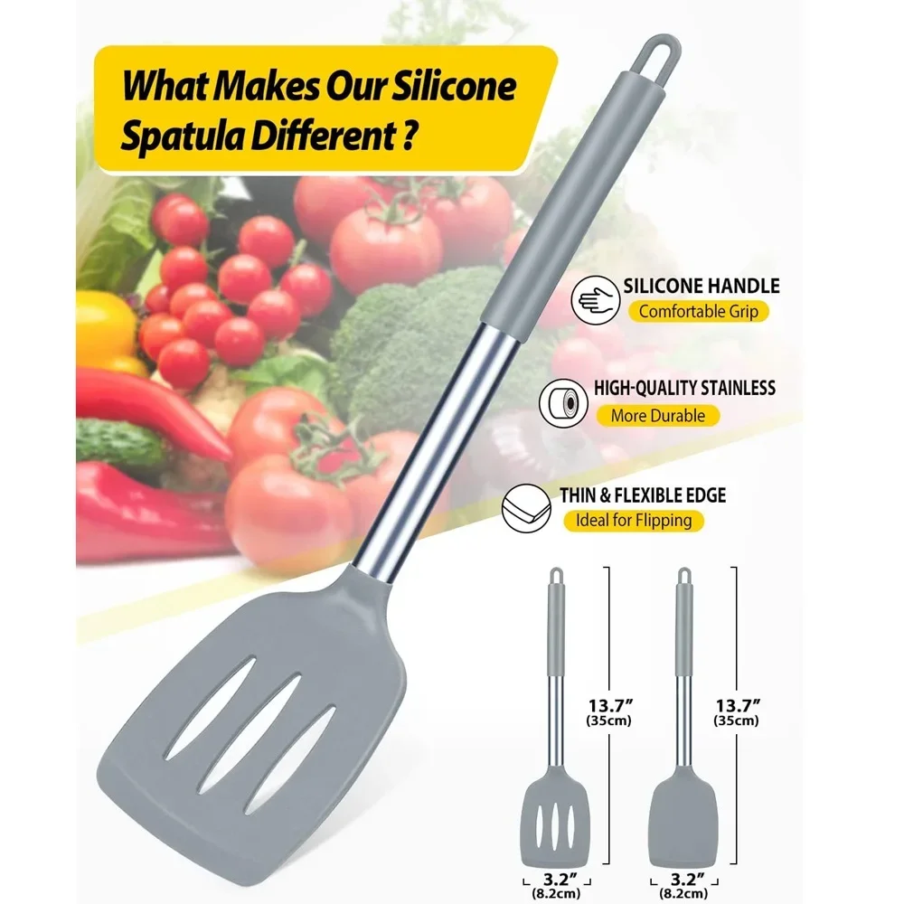2 Pieces Silicone Spatula Kitchen Cooking Utensils Stainless Steel Tight Spatula Leaky Spatula Non-stick Cookware Kitchen Tool s