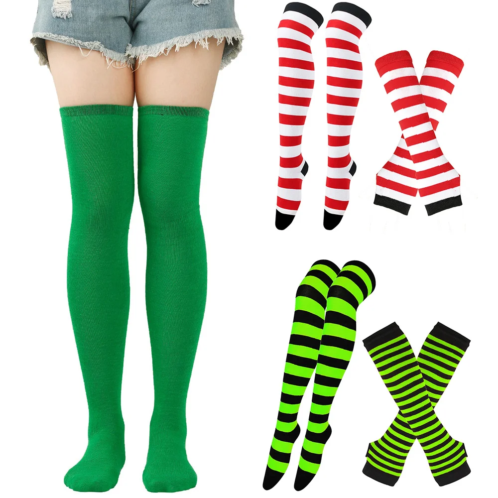 1 Set Women Girls Over Knee Long Stripe Printed Thigh High Cotton Socks Emo Arm Sleeve Gloves Sweet Plus Size Overknee Socks