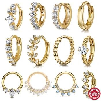 LENNIK 925 Sterling Silver Shiny Rhinestone Hoop Earrings Dla kobiet Pojedyncza chrząstka Mała obręcz Biżuteria do przekłuwania kości ucha